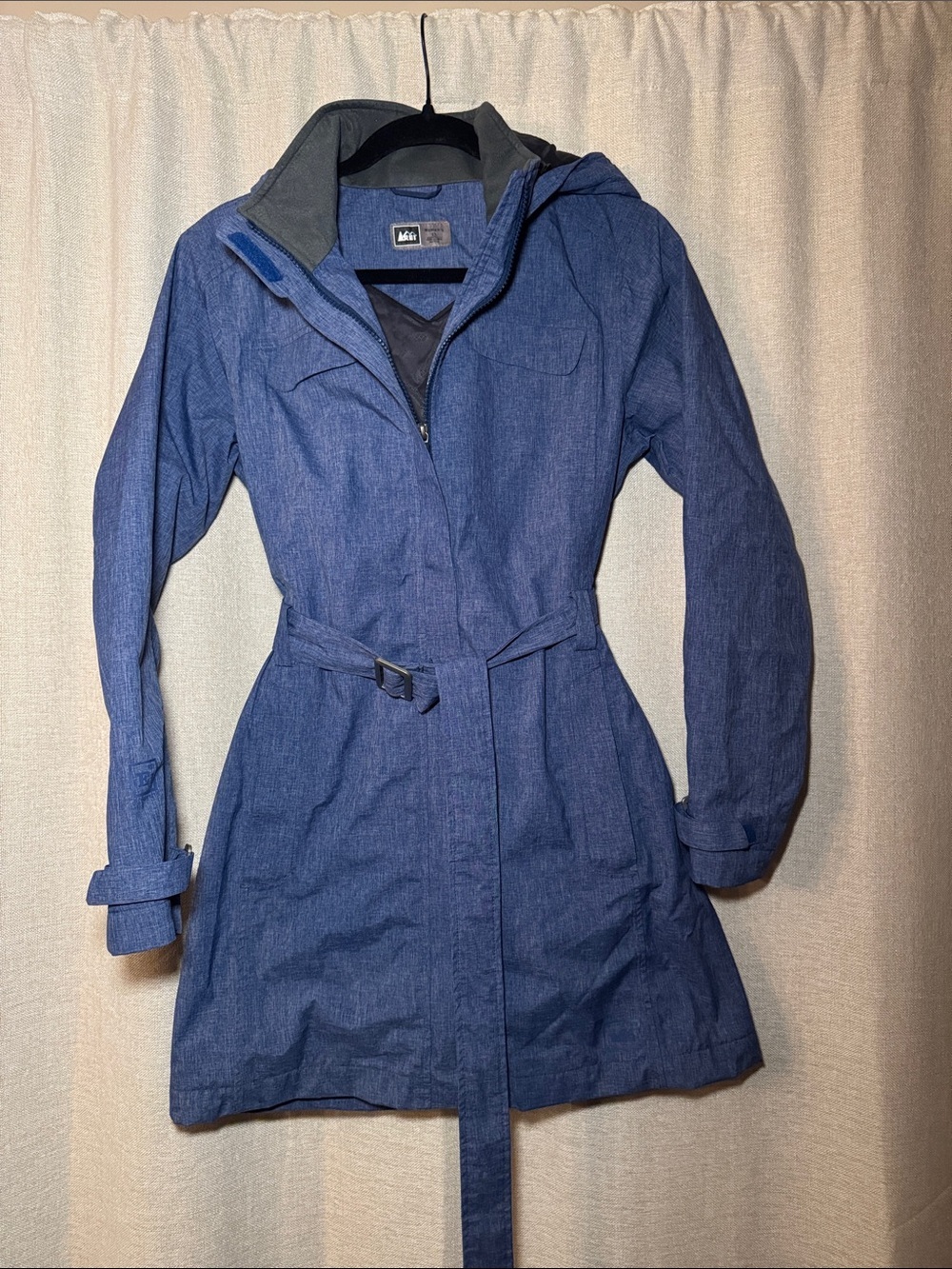 REI Women's Denim-Style Blue Hooded Trench with Belt